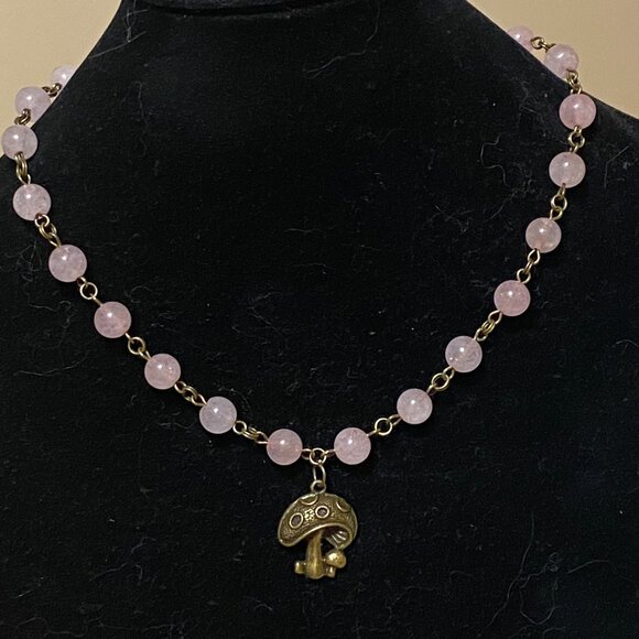 Natural Pink Rose Quartz Necklace, Bronze Round Mushroom+Genuine Gemstone Choker - Picture 3 of 14
